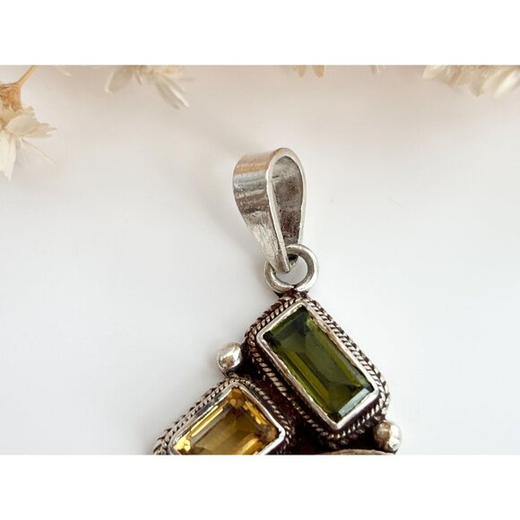 Lapis Lazuli, Citrine & Peridot Gemstone Sterling Silver 925 Vintage Pendant - Picture 3 of 9